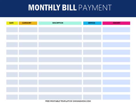 Personal Bill Payments Tracker Small Business Management Printable