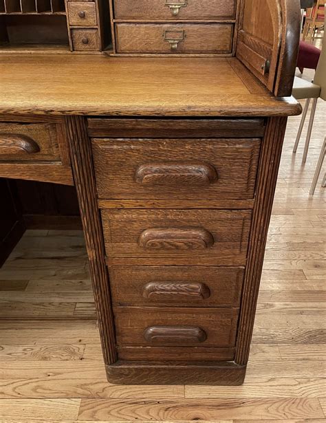 Antique Solid Oak Wood Roll Top Desk W Many Drawers For Sale At