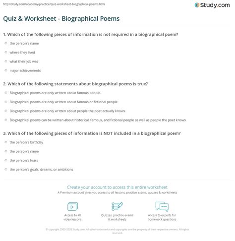 Quiz & Worksheet - Biographical Poems | Study.com