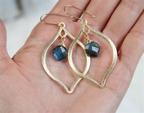 Labradorite Dangle Earrings Boho Hoops Gemstone Earrings Etsy