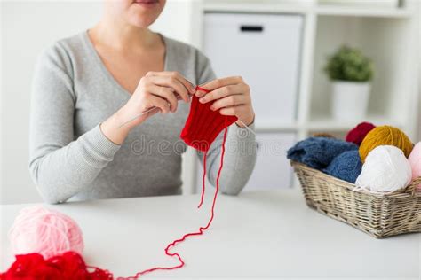 Woman Hands Knitting With Needles And Yarn Stock Photo Image Of