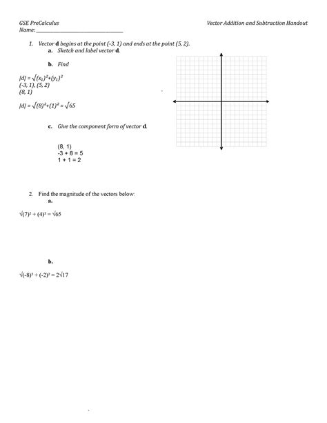 BIO 102 Vector Addition Subtraction Handout GSE PreCalculus Vector