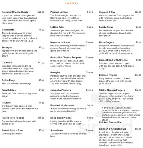 Riley's Pub menus in Peterborough, Ontario, Canada