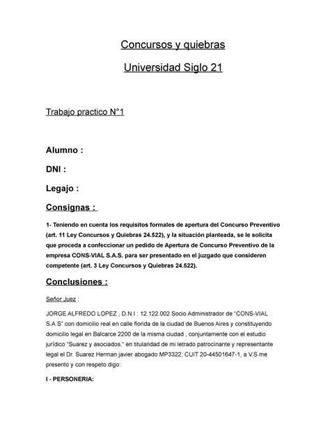 Concursos Y Quiebras TP 1 Concursos Y Quiebras Universidad Siglo 21