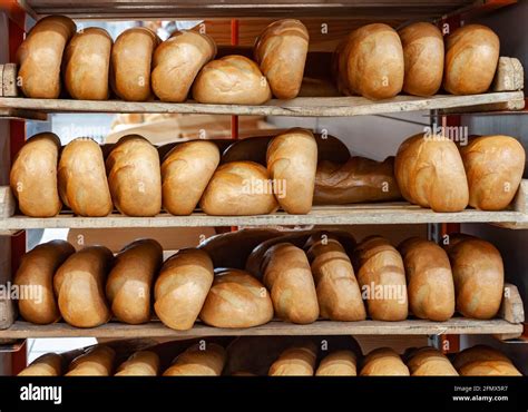 Lots Fresh Crisp Loaves Of Bread Shelves Full With Fresh Golden Bread
