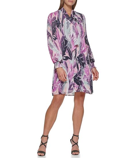 Dkny Tie V Neck Pleated Long Sleeve Printed Shift Dress Dillards