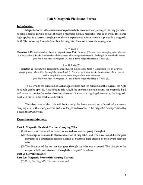 Lab 8 Magnetic Fields And Forces Lab 8 Magnetic Fields And Forces Introduction Magnetic Force