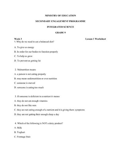 Grade 9 Integrated Science Week 3 Lesson 1 Worksheet 1 And Answer Sheet