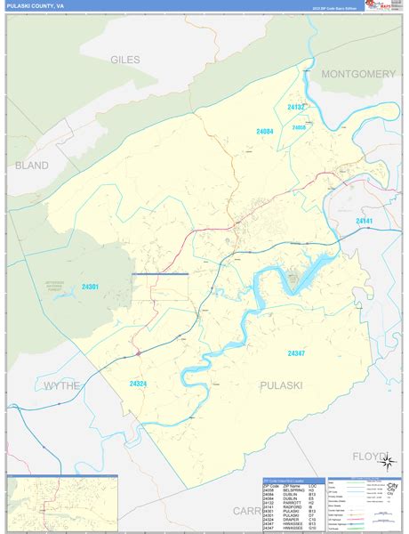 Pulaski County, VA Zip Code Wall Map Basic Style by MarketMAPS - MapSales