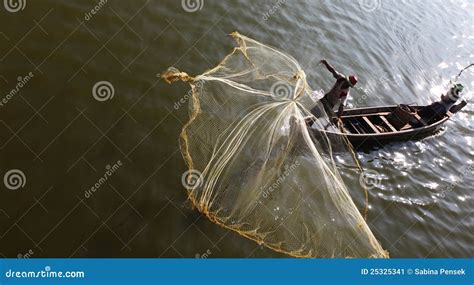 Fishermen On Irrawaddy River Throwing Fishing Nets Editorial Photo