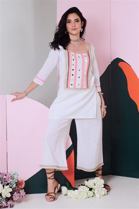 Falak White Mirror Work Kurta Palazzo With Lace Detailing Set Of 2 Gulaal