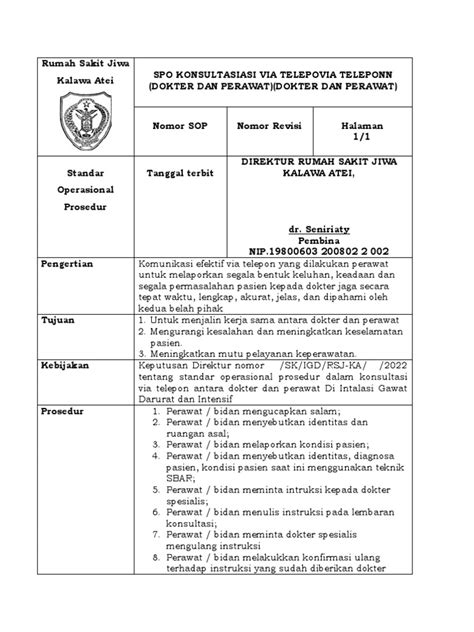 Spo Konsultasi Melalui Telepon Rumah Sakit Jiwa Kalawa Atei Pdf