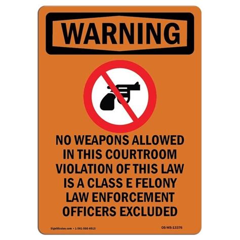 Signmission Safety Sign Osha Warning 10 Height No Weapons Allowed
