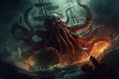 Monstro polvo gigante kraken ataca ilustração de barco pirata ai