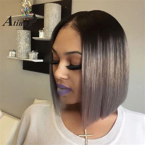 Ombre Grey Short Human Hair Bob Wig 1b Grey Straight Lace Front Human