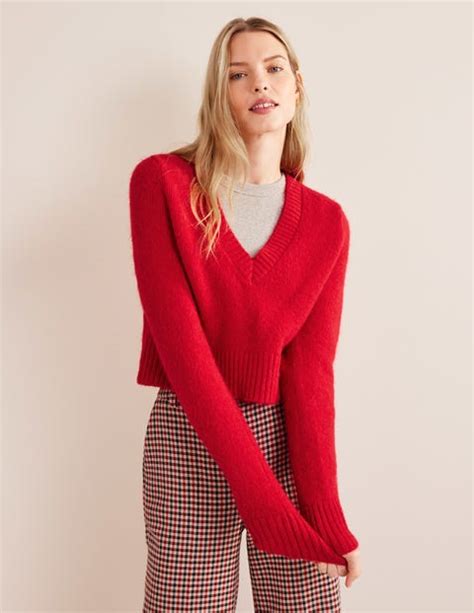 Fluffy Cropped V Neck Jumper Crimson Boden Uk