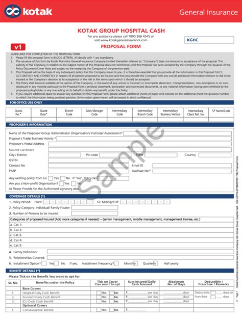 Fillable Online Kotak Group Hospital Cash Proposal Form Cdr Fax Email