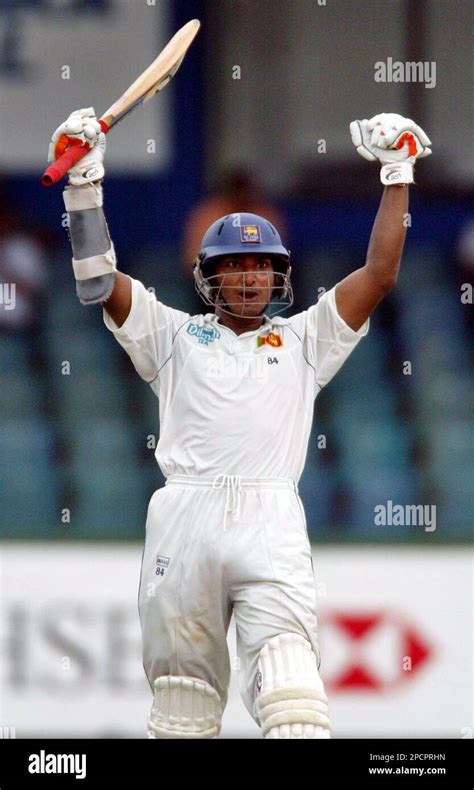 Sri Lankan Batsman Kumar Sangakkara Celebrates After Completing A