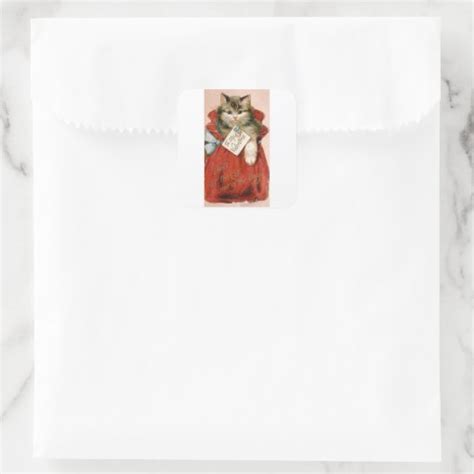 Vintage Victorian Cat In Bag Valentines Day Square Sticker Zazzle