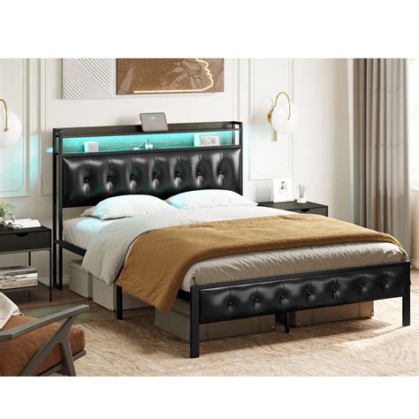 Gunaito Full Size Bed Frame With Wooden Headboard Metal Platform Bed F