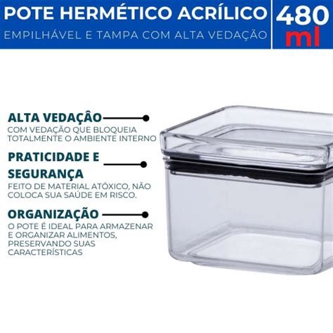 Pote Hermético Acrílico Quadrado Lumini Empilhável 480ml no Shoptime