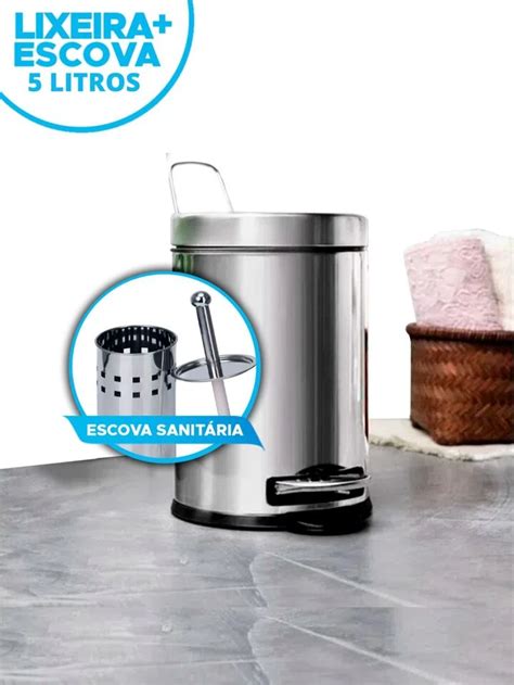 Kit Banheiro Lixeira Inox L Escova Sanit Ria Para Off