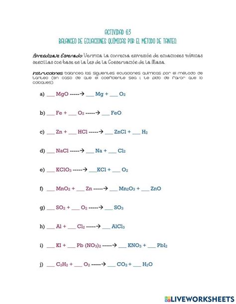 Balanceo De Ecuaciones Qu Micas Por El M Todo De Tanteo Worksheet