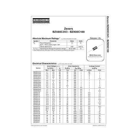 Bzx85c10 Fairchild 10v Zener Diode Datasheet