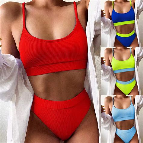 Cheers US Women High Waisted Bikini Set Sports Color Block Swimsuit