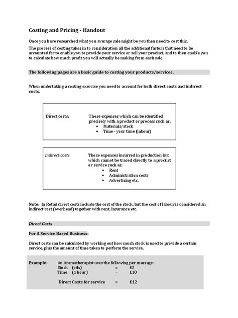 Costing And Pricing Worksheet Pdf Cost Profit Economics