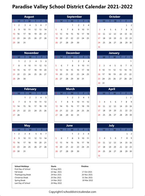 Paradise Valley Unified School District Calendar Holidays 2021-2022