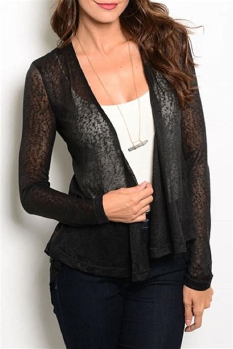 Dress Up Or Go Casual In This Versatile Black Cardigan With Pattered Sheer Fabric And Long Back