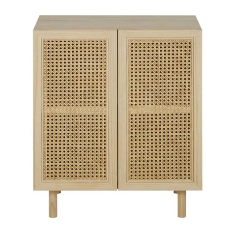 Mobiletto Contenitore In Legno Di Pino Beige E Rattan Incannucciato