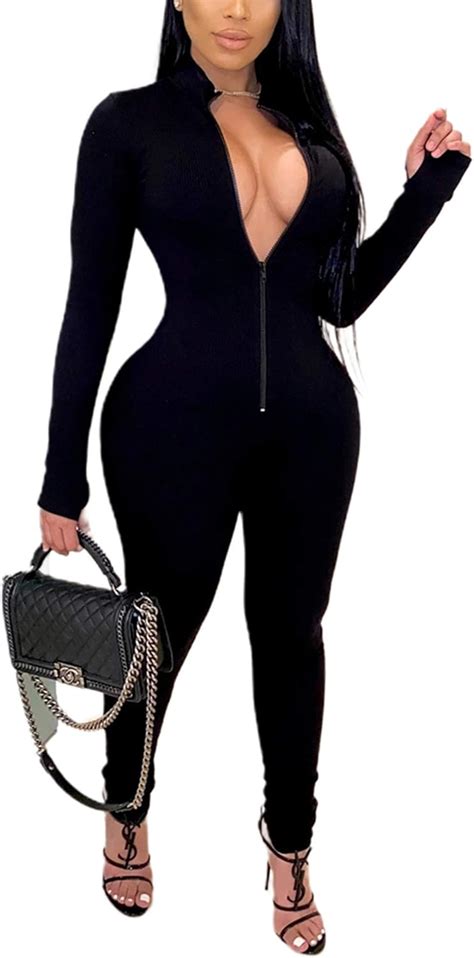 Lady´s Jumpsuit Long Sleeve Sexy Deep V Neck Front Zipper Bodycon Black