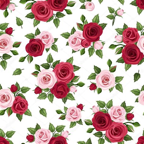 Seamless Pattern With Red And Pink Roses On White Vector Illustration