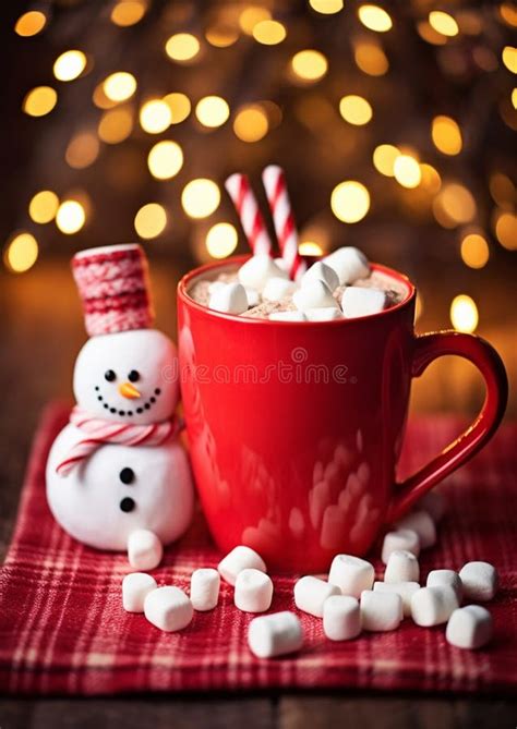 Christmas Hot Chocolate With Marshmallow Snowman On Cozy Background Stock Photo Image Of