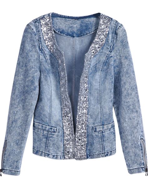 Blue Long Sleeve Rhinestone Bead Slim Denim Jacket Sheinsheinside