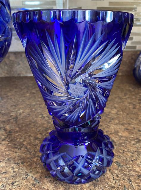 Vintage Heavy Bohemian Cobalt Blue Vase Cut To Clear Crystal Vase Pinwheel Pattern Cut Glass