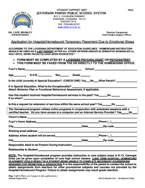 Fillable Online Application For Hospital Homebound Temporary Placement