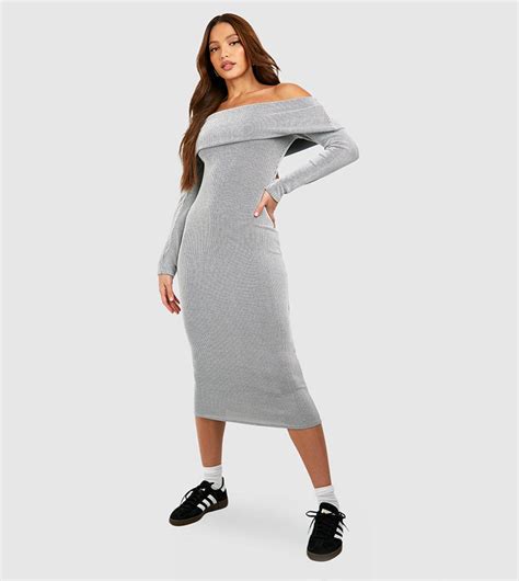 Buy Boohoo Tall Two Tone Rib Bardot Midaxi Dress In Grey 6thstreet Kuwait