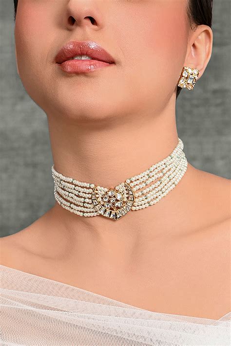 Buy White Pearl And Polki Layered Choker Set By Joules By Radhika At