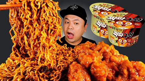 ASMR NONGSHIM CHAPAGURI SPICY BLACK BEAN NOODLES KOREAN FRIED CHICKEN