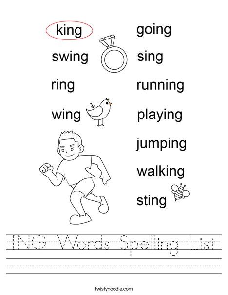 Ing Words Spelling List Worksheet Twisty Noodle Worksheets Library