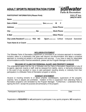 Fillable Online Files Stillwater Adult Sports Registration Form The