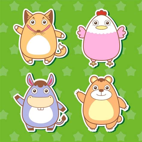 Premium Vector Four Cute Animal Stickers With Green Background