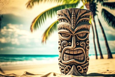 M Scara Tiki De T Tem Hawaiano Hecha De Madera En La Playa Bajo Una