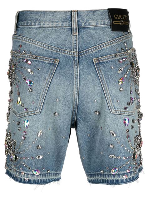 Gucci Crystal Embellished Denim Shorts Blue Farfetch Uk