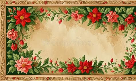 Decorative Floral Border with Red Poinsettias and Green Leaves ...