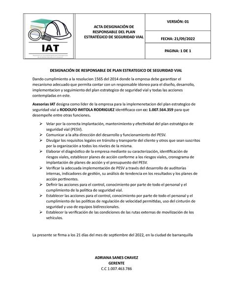 Carta DE Designación DEL Lider DEL PESV ACTA DESIGNACIÓN DE