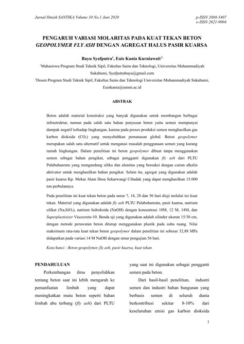 Pdf Pengaruh Variasi Molaritas Pada Kuat Tekan Beton Geopolymer Fly